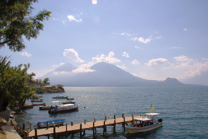 day, no people, moored, recreational boat, tranquility, guatemala, sea, passenger craft, travel, sailboat, tree, transportation, atitlan, volcanoes, mode of transportation