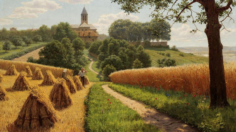 farmer, environment, digital art, brown, field, agriculture, farm, haystacks, scenics - nature, tranquility, dirt road, fields, landscape, painting, plantation