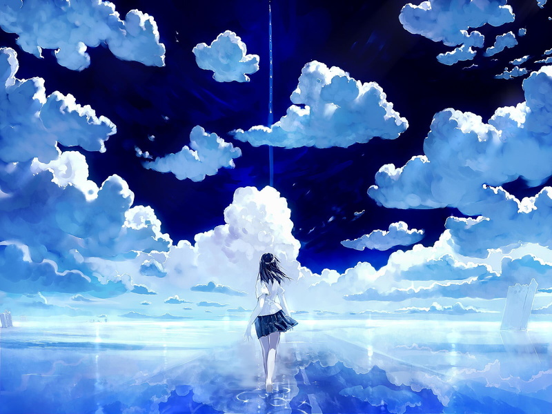 blue, road, reflection, clouds, Pacific Ocean, 720P, full length, cloud - sky, ruin, real people, day, anime girls, standing, mirror, scenics - nature