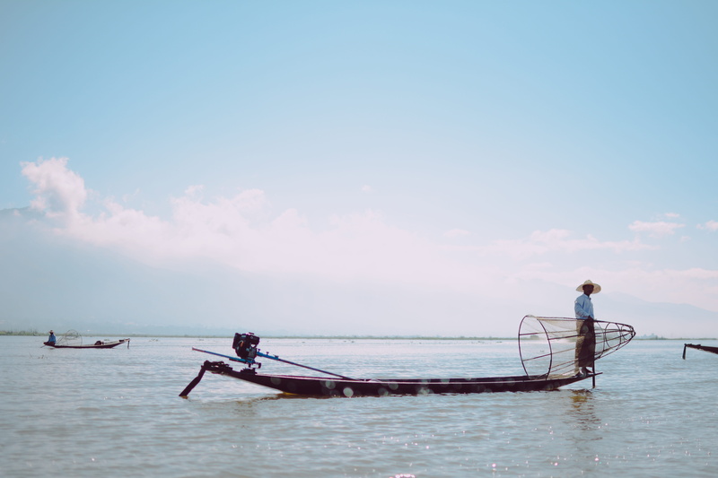men, nautical vessel, real people, outdoors, shan state, scenics - nature, lifestyles, transportation, south east asia, farming, burma, inle lake, cloud - sky