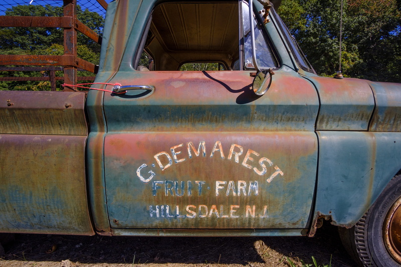 western script, truck, tire, transportation, abandoned, communication, old, motor vehicle, metal, obsolete, demarest, day, demarest farms, rusty, plant
