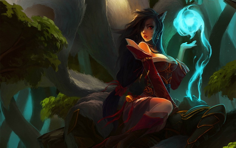 ahri, girl, warrior, forest, ears, 1080P, league, fantasy, tails, lol, spirit, dead, legends, magic