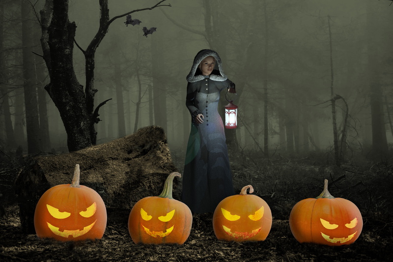 celebration, nature, fantasy, jack o lantern, faces, halloweenkuerbis, fun, gloomy, orange, creepy, autumn, outdoors, surreal, composing, forest, four