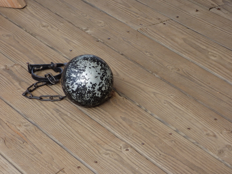handcuffs, high angle view, old, decoration, jail, legal, mischief, fear, christmas decoration, single object, abuse, ball and chain, indoors, wood, torture