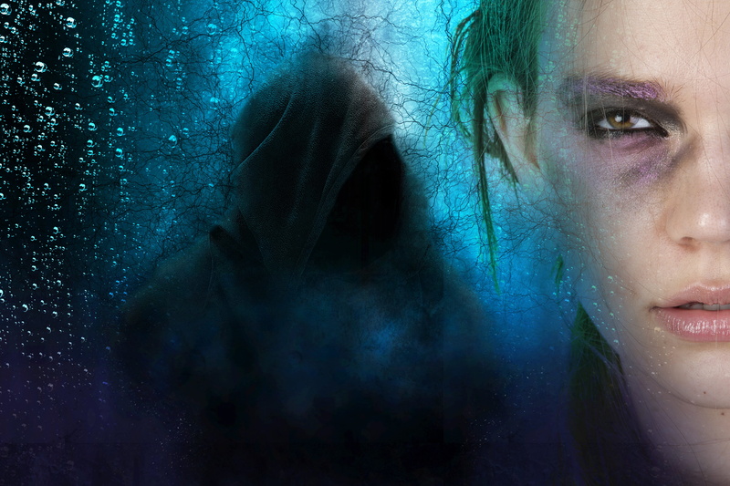 evil, dreaming, depression - sadness, human face, ghost, night, blue, contemplation, emotion, digital composite, fantasy, headshot, creepy, beautiful woman