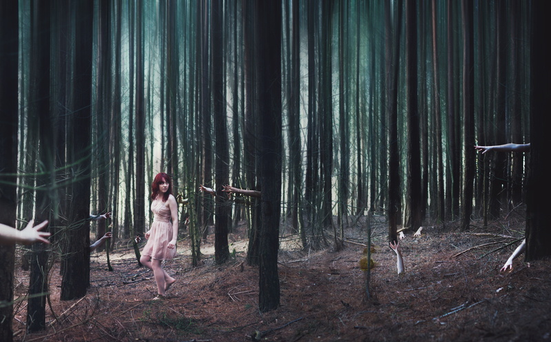 digital composite, Hands, Portrait, standing, land, white, hairstyle, Dress, trunk, nightmare, one person, frightened, surreal, girld, adult, horror, Aero