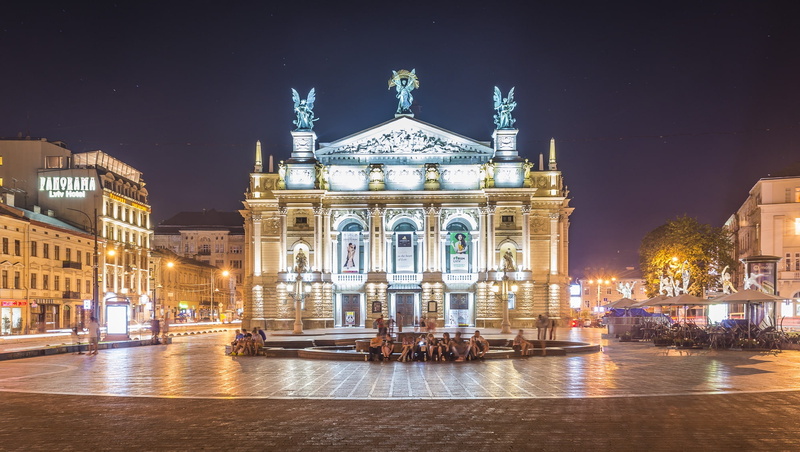 street, the evening, 1080P, lights, fountain, Lviv theatre of Opera and ballet, Lions, Ukraine