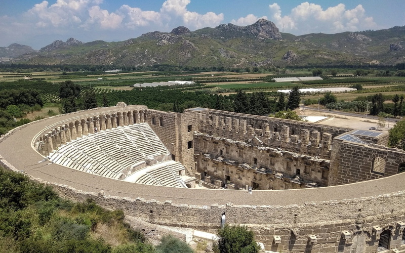 mountain, nature, travel destinations, Theatre in Aspendos, plant, cloud - sky, tourism, ancient history, history, the past, day, no people, travel, ancient civilization