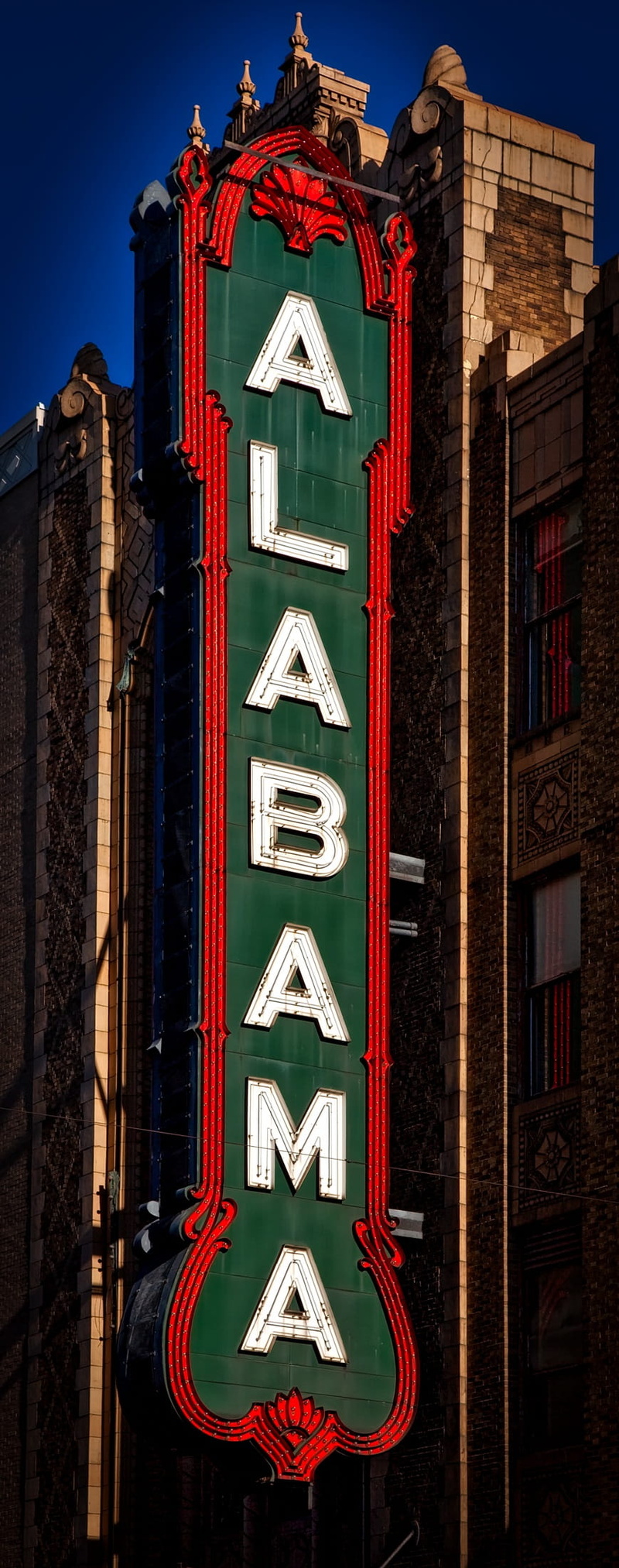 theater, landmark, movies, lighting equipment, birmingham, urban, cinema, built structure, low angle view, historic, human representation, no people, sky