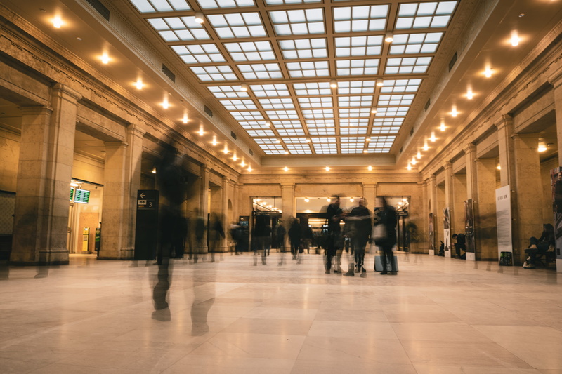 floor, patio, wood, indoors, men, architecture, tiled floor, lighting, built structure, entrance hall, room, office building, building, women, timelapse