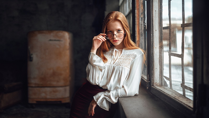 skirt, redhead, women with glasses, glasses, Georgy Chernyadyev, portrait, 720P, Katya Voronina, women, blue eyes, face