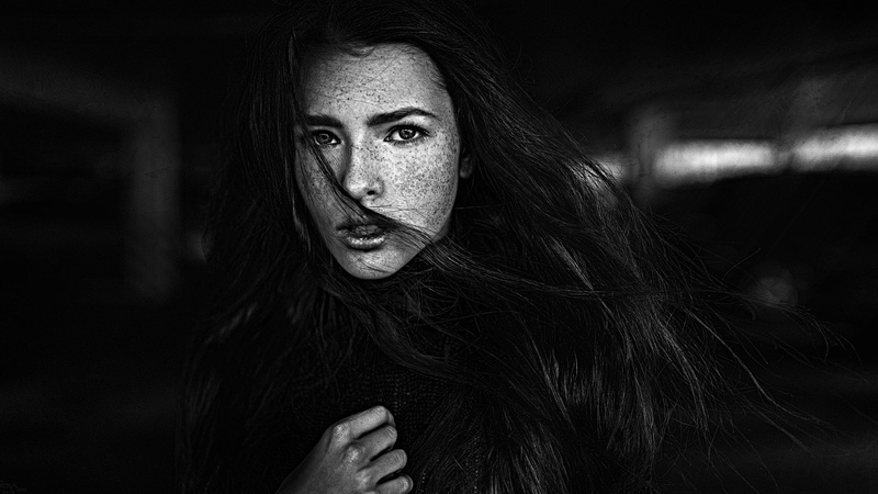 black, long hair, monochrome, Georgy Chernyadyev, 1080P, Katya Voronina, freckles, face, hair in face, women, dark