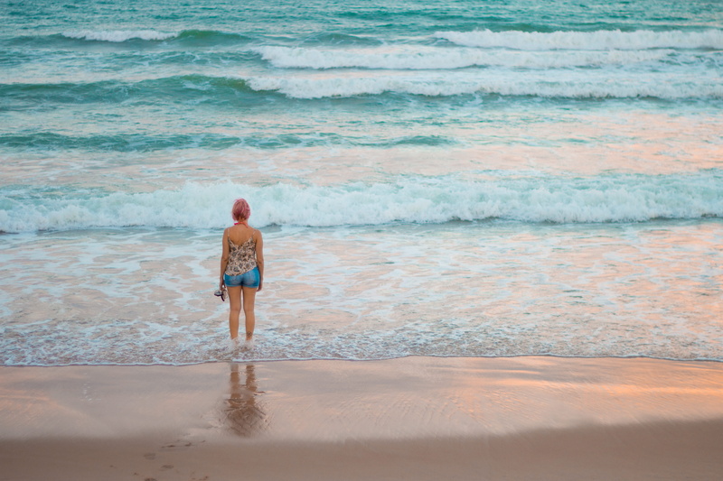 rear view, leisure activity, girl, sea, nature, vacations, mental health, ocean, land, beach, lady, 4K, shorts, wave, lifestyles, full length, one person
