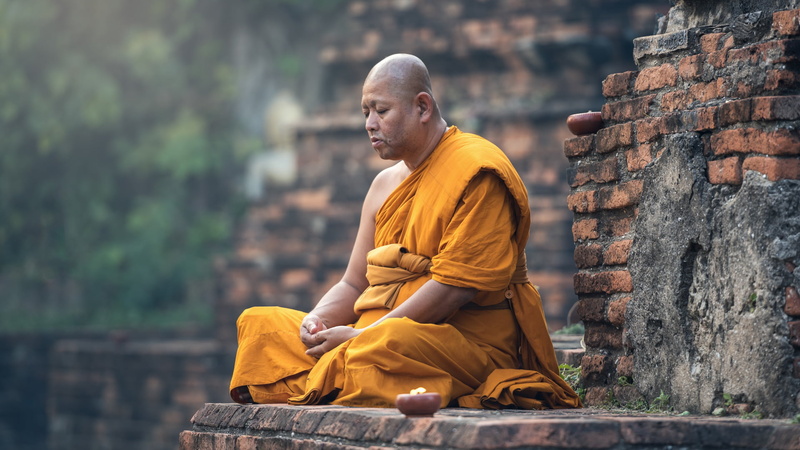 yellow dress, photography, bald head, Buddhism, bald, bricks, monastery, sitting, meditation, men, depth of field, 1080P, closed eyes, monks, outdoors