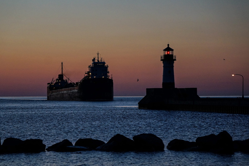 direction, travel, tower, nautical vessel, sky, guidance, built structure, duluth, waterfront, water, united states, sunset, canal park, lighthouse, outdoors