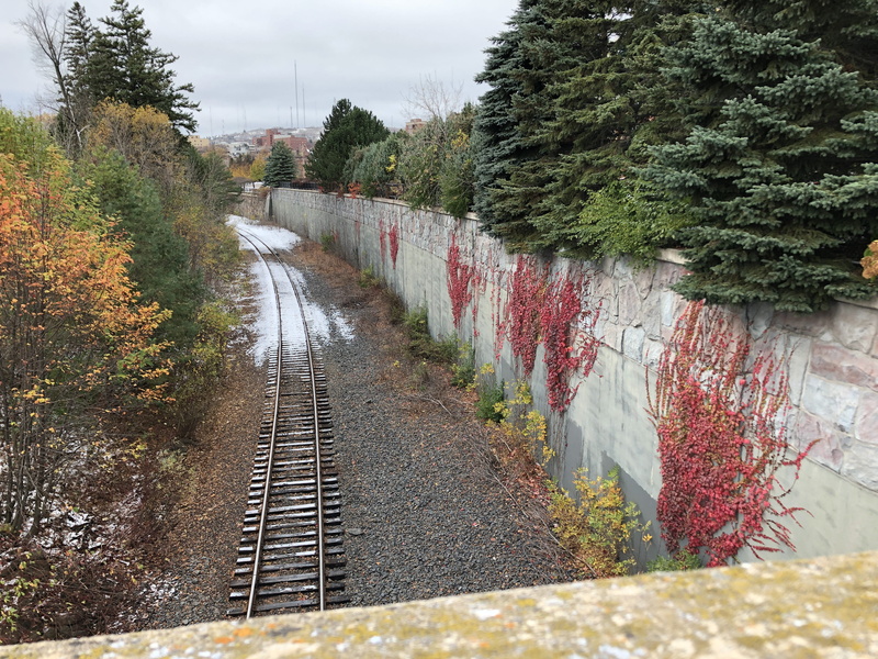 diminishing perspective, direction, rail transportation, growth, railroad track, nature, duluth, track, day, transportation, autumn, tree, change, canal