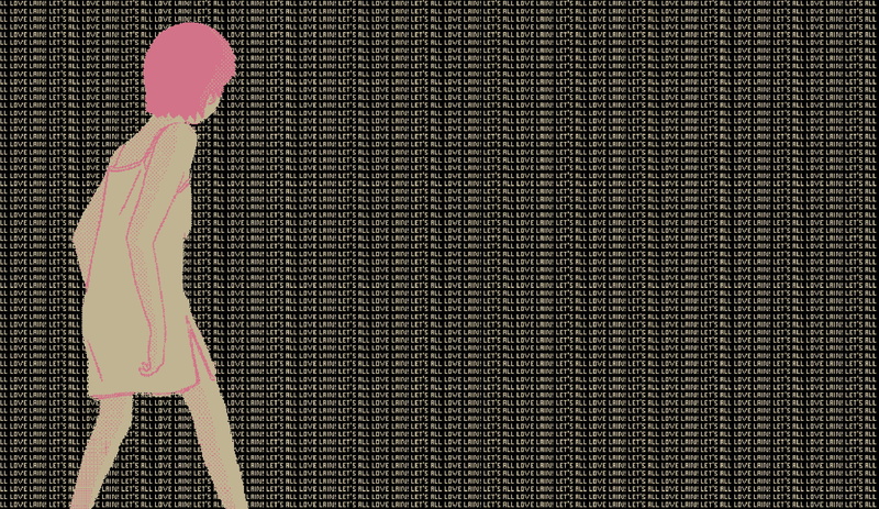 720P, Serial Experiments Lain, three quarter length, pink color, side view, indoors, textile, leisure activity, anime girls, casual clothing, standing