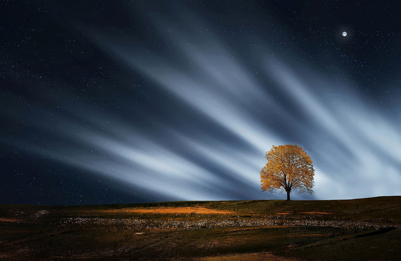 relaxation, outdoor, sky, reflection, blue, landscape, calm, astronomy, photo, tranquil scene, no people, single, moonlight, serene, beauty in nature, illuminated