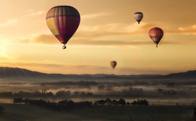hot-air balloon, Mist, scenics - nature, sunset, hotair, transportation, 5K, no people, Balloon, outdoors, mid-air, Adventure, non-urban scene, travel