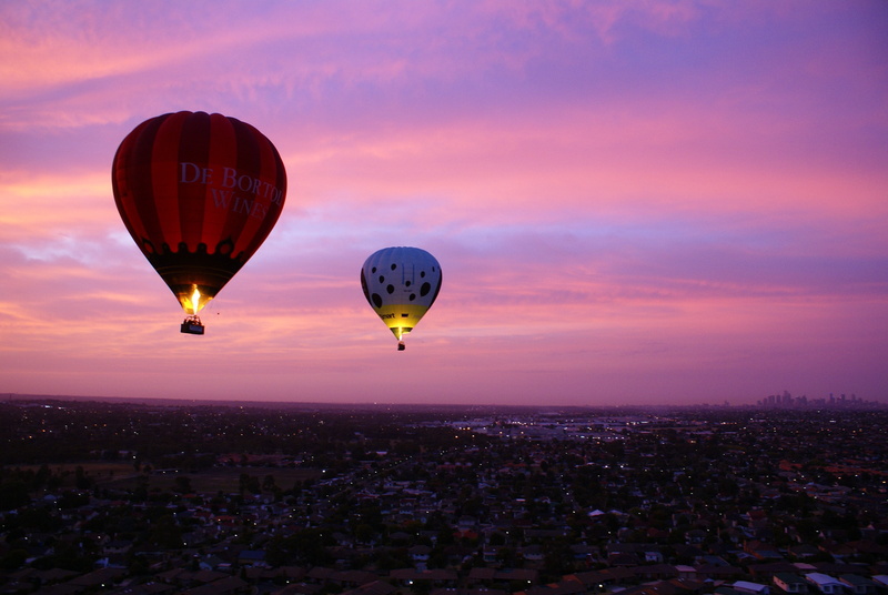 pink, travel, air, multi colored, mid-air, ballooning festival, purple, hot air balloon, flying, cityscape, air vehicle, building exterior, sunset, fly