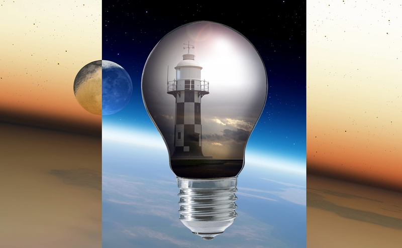 artwork, moon, fantasy, water, moonlight, landscape, light bulb, studio shot, close-up, lake, design, 2K, indoors, technology, no people, fog, clouds