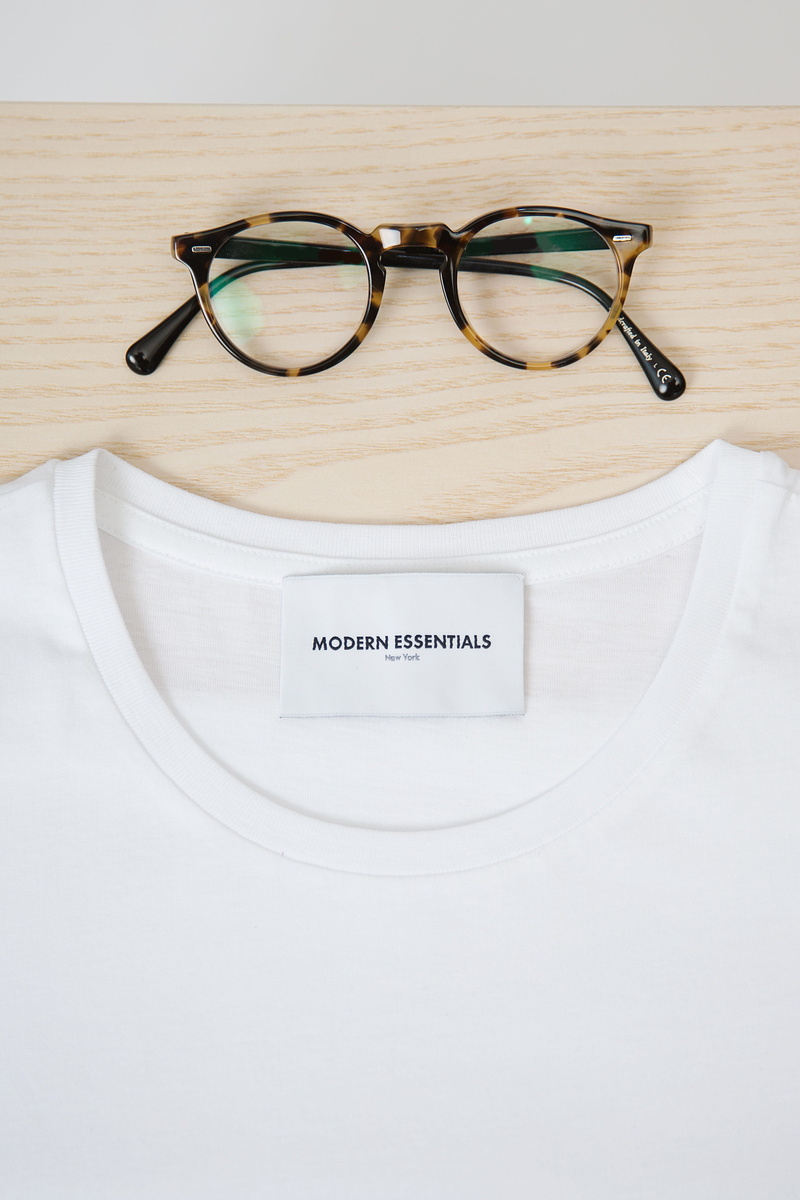flat lay, shirt, white, modernessential, black, label, cotton, brand, tshirt, close, front View, crew, minimal, slab, elegance, isolated, casual Clothing