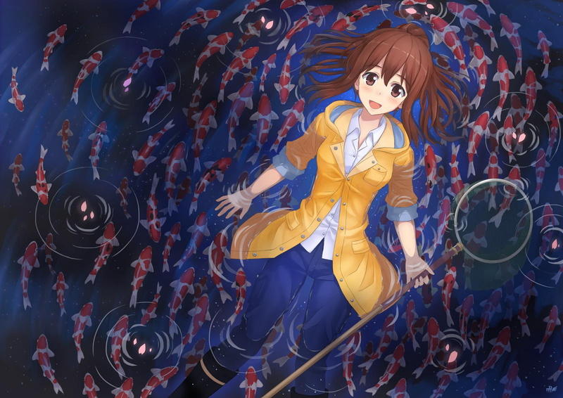 girl, love, happy, teenager, flows, like, anime, fish, brown-hair, music, though, smile, 720P, blue-eyes, water, lake