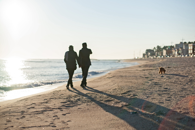 real people, sky, walking, walk, togetherness, coast, coastal, sunrise, canine companion, sand, outdoors, water, nature, morning, adult, gangneung, tourism