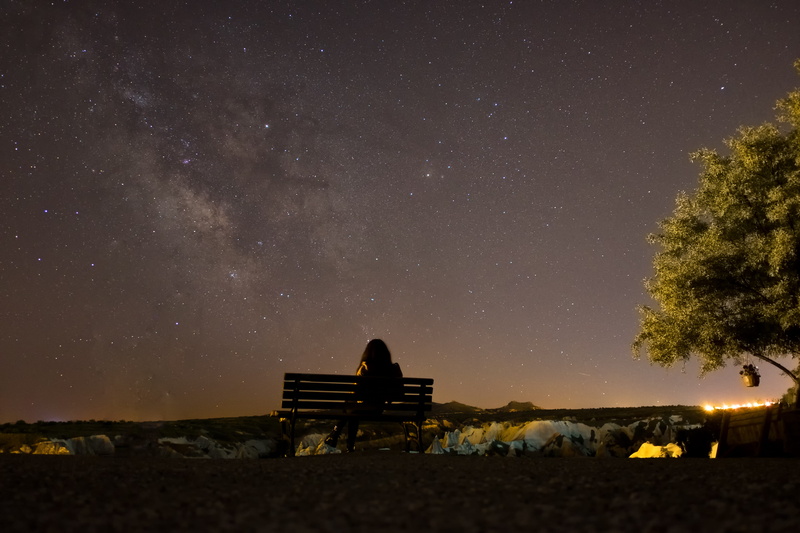 outdoors, plant, land, 4K, tree, bench, night sky, dark, star field, built structure, person, tranquil scene, nature, night, sunset, scenics - nature