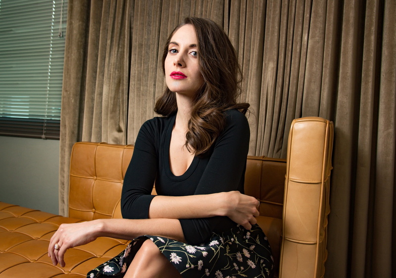 leather, indoors, brown hair, beauty, luxury, 1080P, women, sitting, celebrity, looking at camera, Alison Brie, beautiful people, hairstyle, business