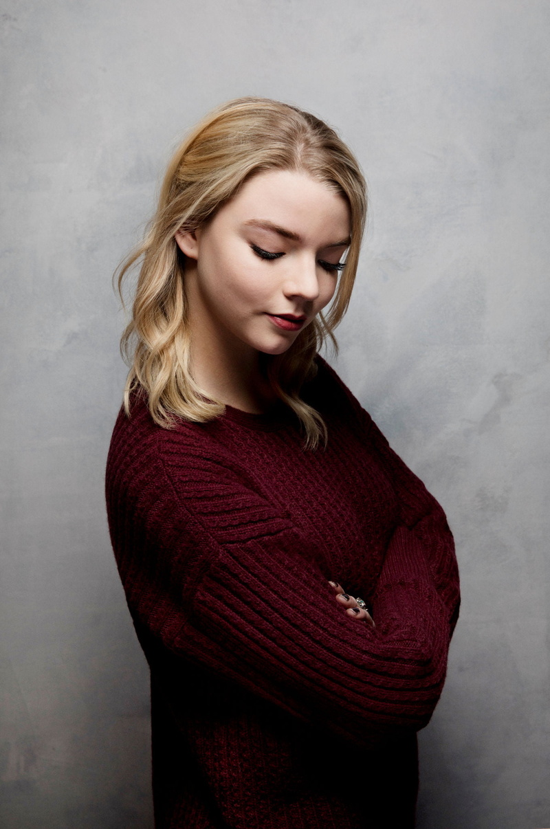 actress, sweater, women indoors, portrait, women, simple background, blonde, 1080P, Anya Taylor-Joy