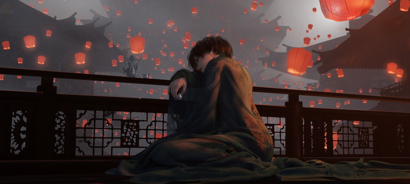 short hair, overdrunk, anime girls, 2K, Lantern Festival, drunk, drinking, WLOP, black hair, digital art, dark hair