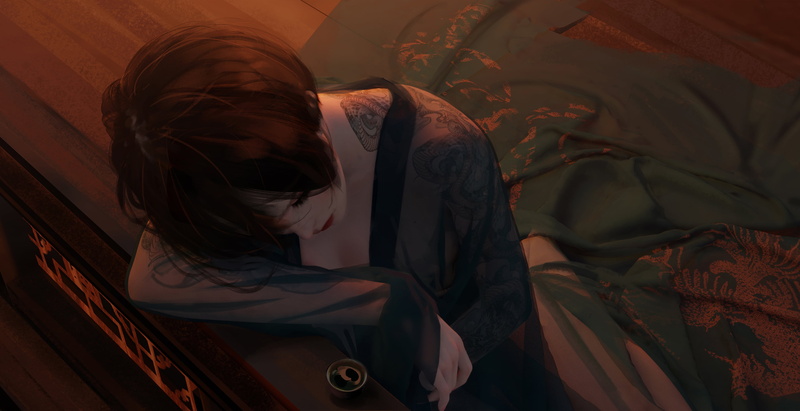 overdrunk, digital art, drunk, WLOP, anime girls, black hair, 2K, Lantern Festival, short hair, dark hair, drinking