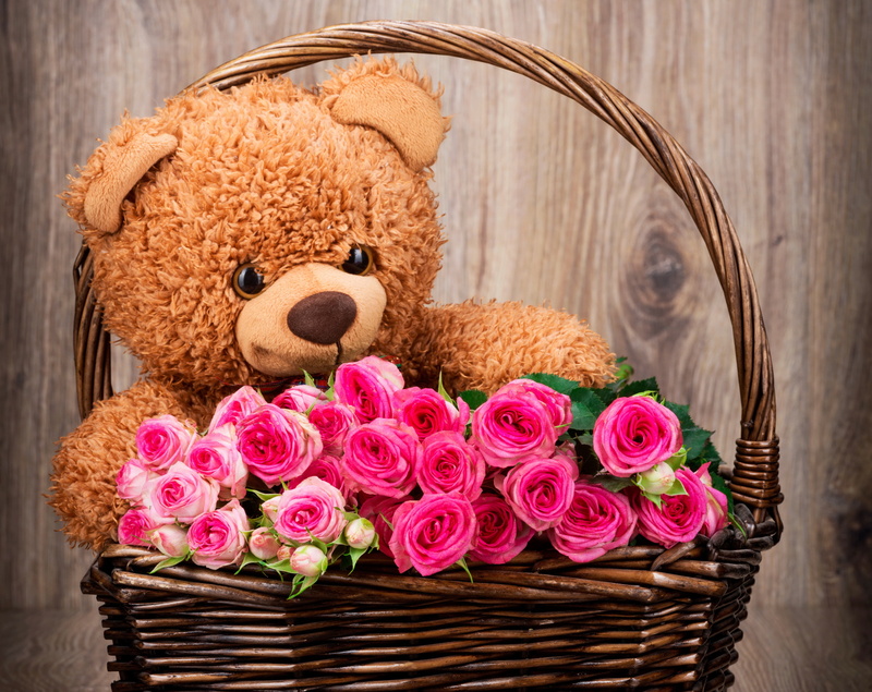 container, softness, wicker, indoors, 4K, toy, wood - Material, flower arrangement, roses, fun, bear, plant, plush, no People, rustic, love, pink, decoration