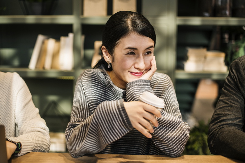 coffee shop, cup, one person, 4K, drink, calm, beautiful woman, beverage, striped, decaf, indoors, brewed, adult, women, coffee culture, chill, emotion