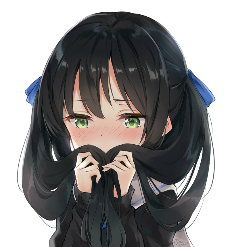 clothing, dark hair, portrait, looking at viewer, studio shot, twintails, cut out, long hair, covering mouth, white background, anime girls, anime, hands in hair