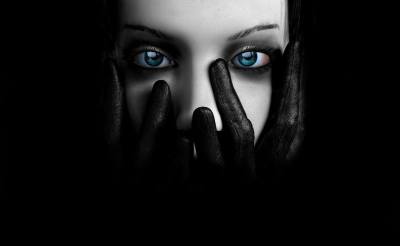 indoors, mystery, watching, hands covering mouth, looking at camera, dark, fear, hand, artwork, human body part, front view, body part, women, eye, horror
