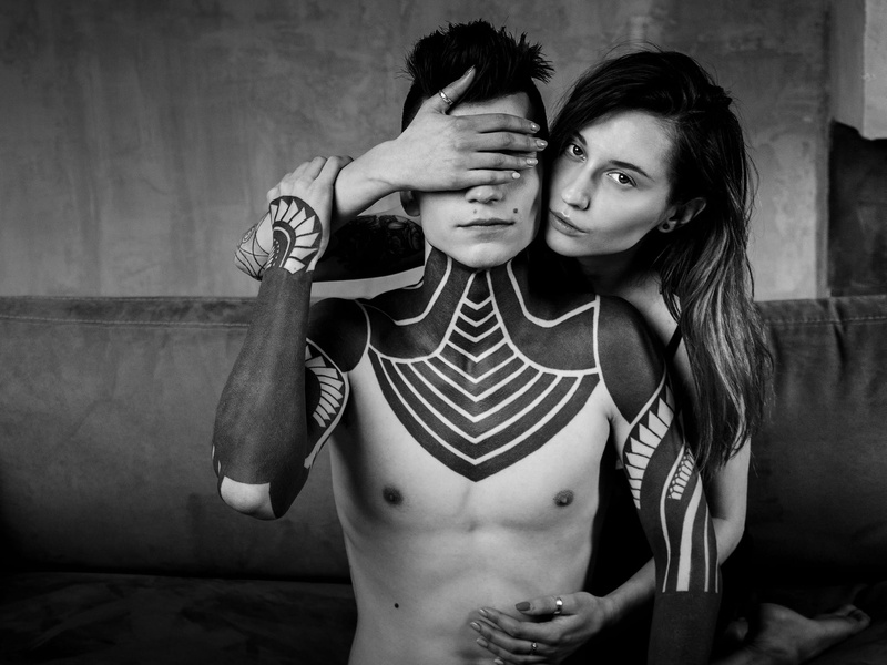 heterosexual couple, loft, couple, photography, young adult, man, tattoo, blackwork, black and white, covering eyes, people, couple - relationship, front view