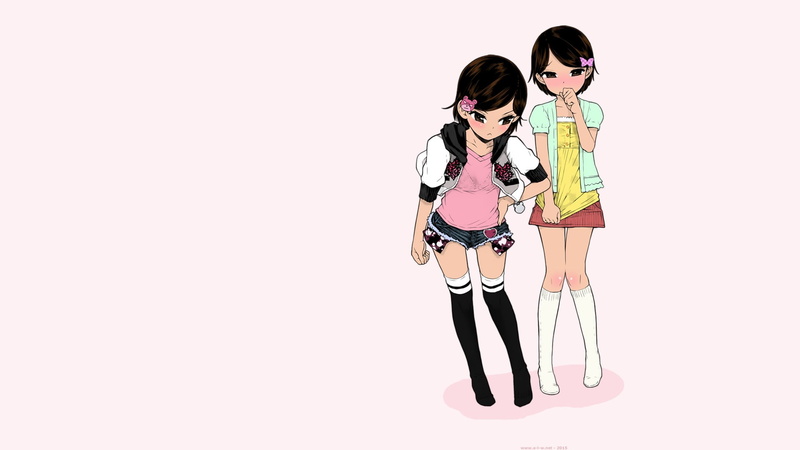 1080P, two people, teenager, copy space, people, Minasuki Popuri, glasses, girls, standing, cut out, colored background, short skirt, white background