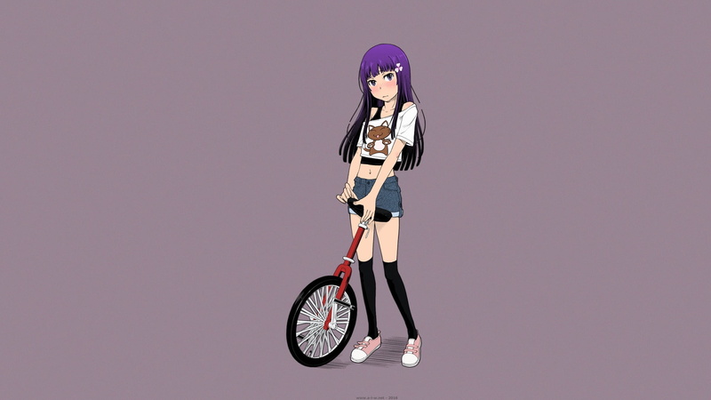 colored background, standing, helmet, Arekusa Mahone, shy, long hair, one person, sport, unicycle, women, indoors, females, anime, adult, full length, hairstyle