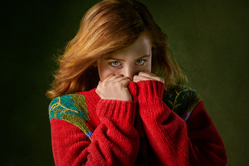 woman, hair, 2K, depression - sadness, hidden, body part, studio shot, red head, female, wearing, teenager, one person, sweater, hide, freckle, photo