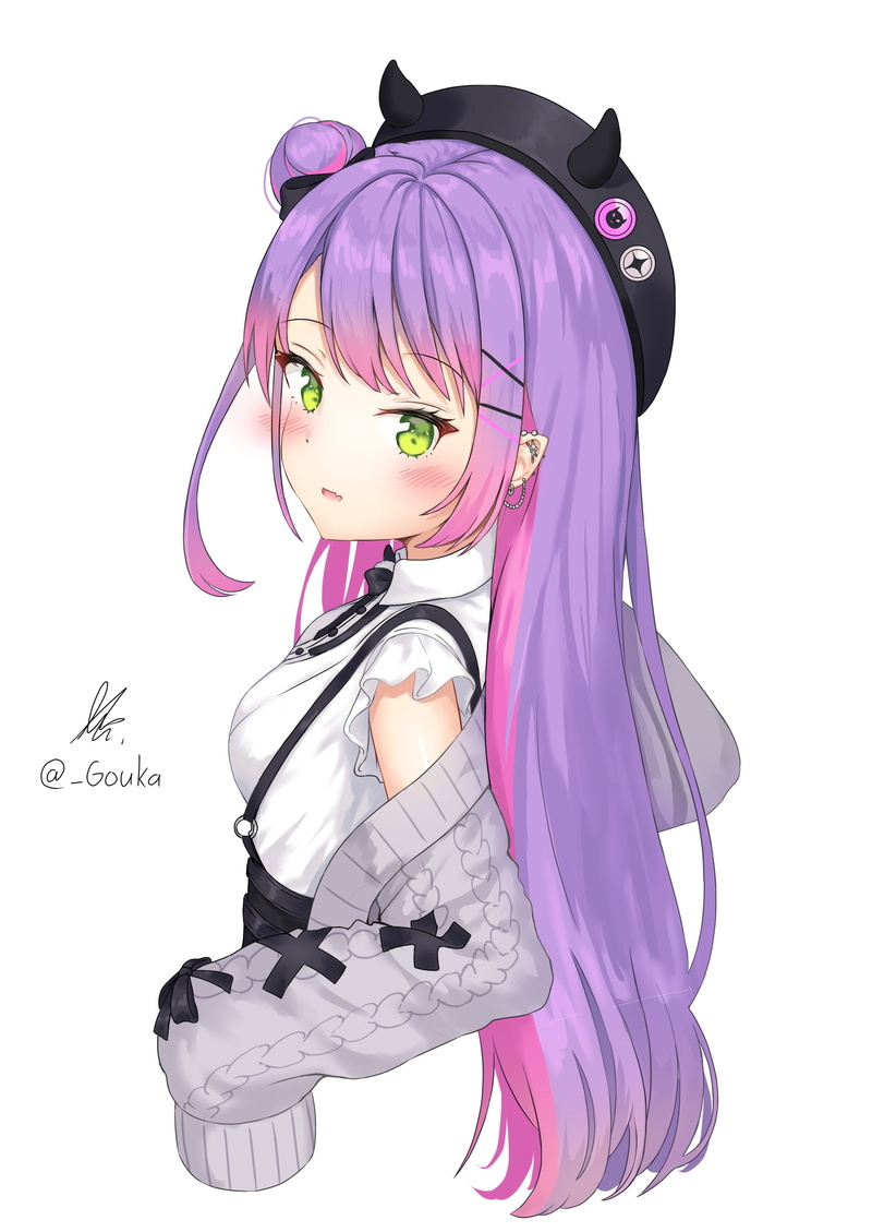 Gouka, hat, Tokoyami Towa, white background, ears, simple background, green eyes, embarrassed, purple hair, 2K