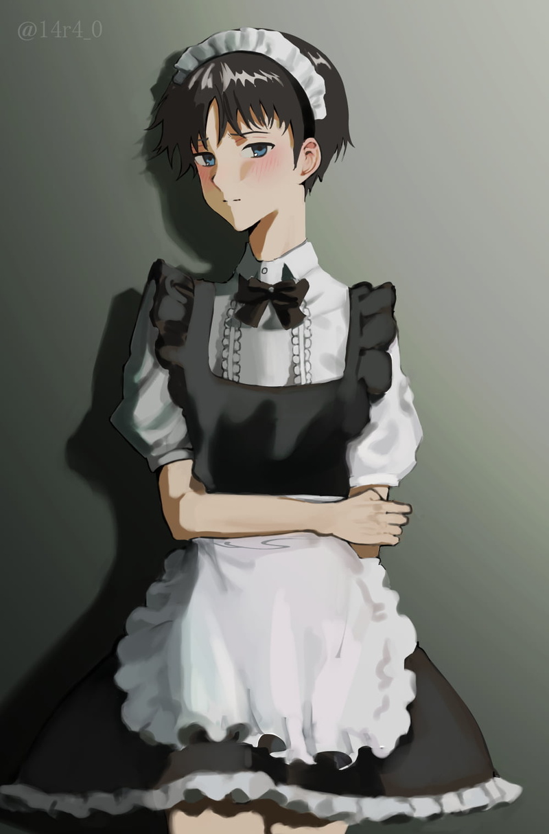 blush, Ikari Shinji, embarrassed, 2D, maid outfit, black hair, Neon Genesis Evangelion, short hair, fan art, thighs, vertical, looking at viewer, blue eyes