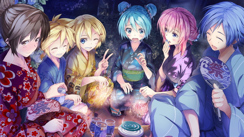 holiday, art, Vocaloid, guys, hatsune miku, kagamine len, fireworks, kagamine rin, megurine luka, girls, joy, look, vocalid, embarrassment, yucata, surprise