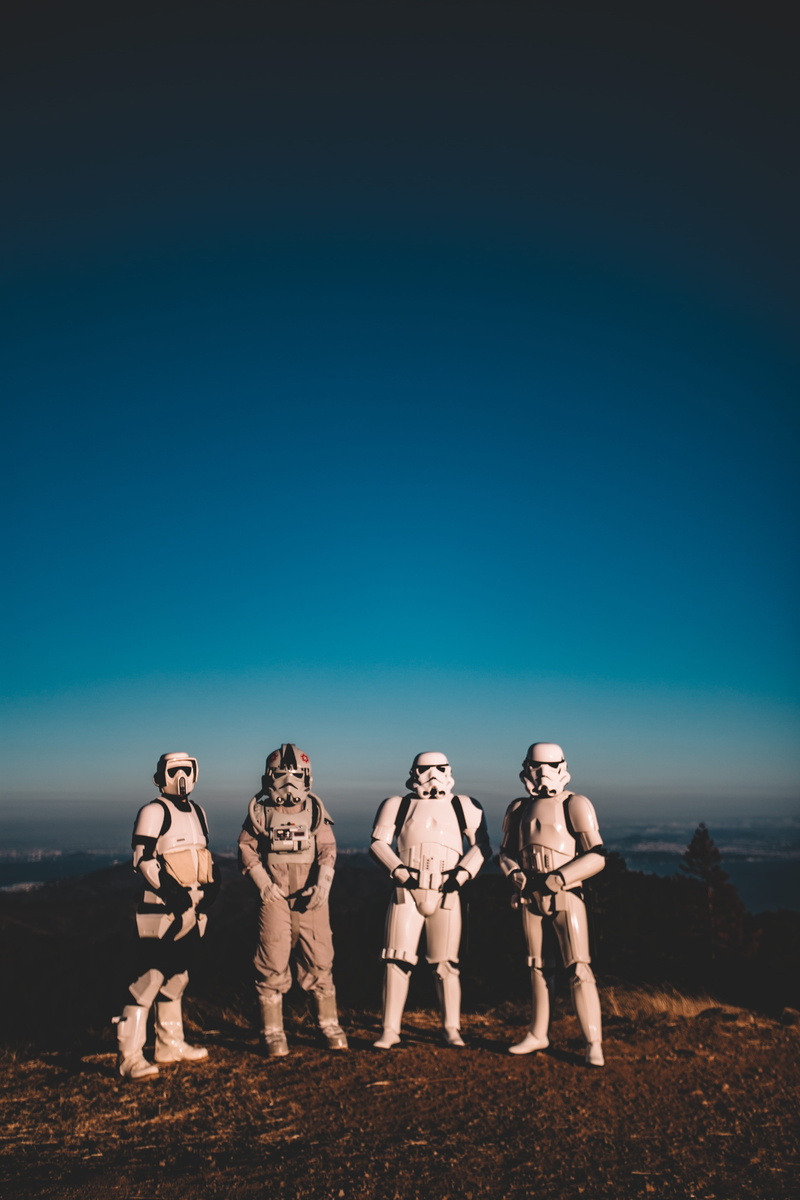 copy space, outdoors, boys, caucasian Ethnicity, costumes, trooper, standing, child, adult, star wars, clone, representation, girls, costume, person, blue