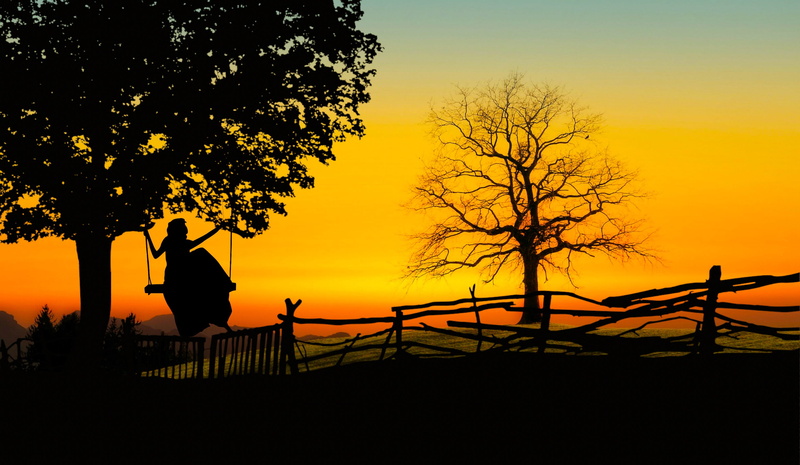 evening, silhouette, looking at view, scenics - nature, lifestyles, orange color, nature, dawn, sitting, weather, night, rear view, watching, wood, girl