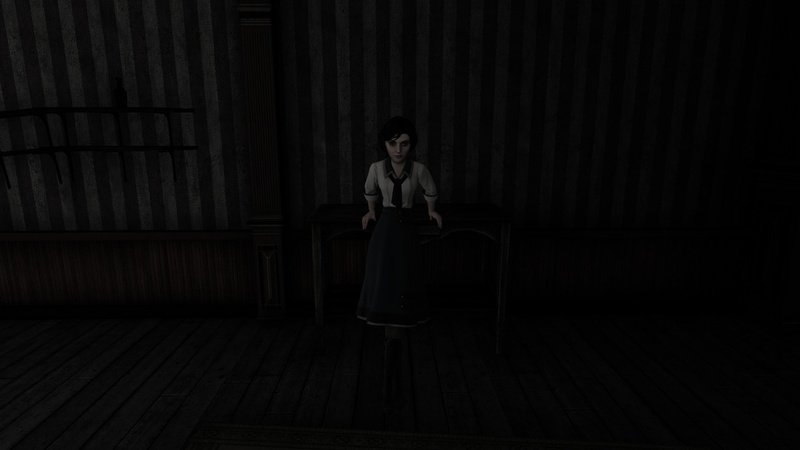 contemplation, dark, one person, portrait, video games, full length, emotion, looking at camera, 1080P, seat, BioShock Infinite: Burial at Sea, flooring
