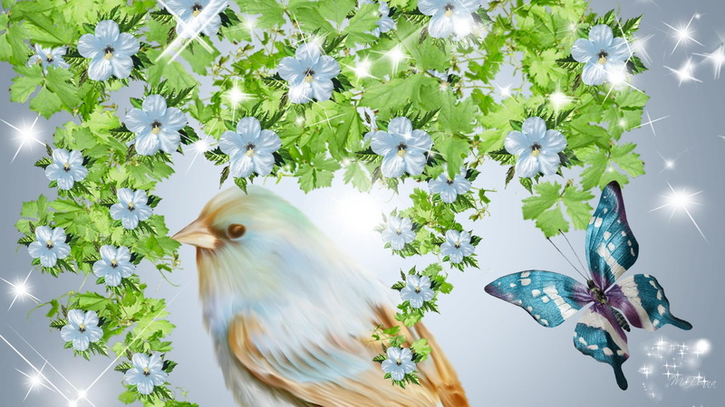 3d and abstract, butterfly, firefox persona, sparkle, flowers, bird, stars, 1080P, blue, flowering tree