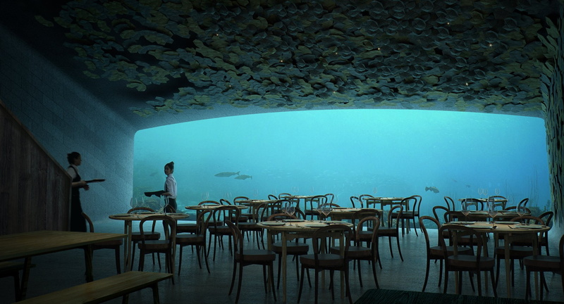 table, glass, lifestyles, restaurant, underwater, architecture, business, seat, Norway, built structure, water, night, sea, waitress, dishes, wall - building feature