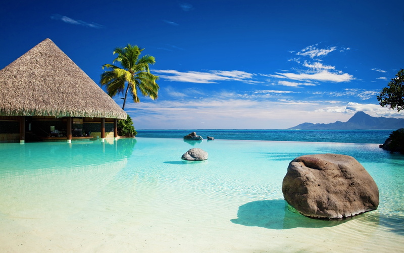 no People, serene People, french Polynesia, luxury, relaxation, seascape, tourist Resort, scenics, 2K, vacations, blue, horizon over water, beach, tranquility